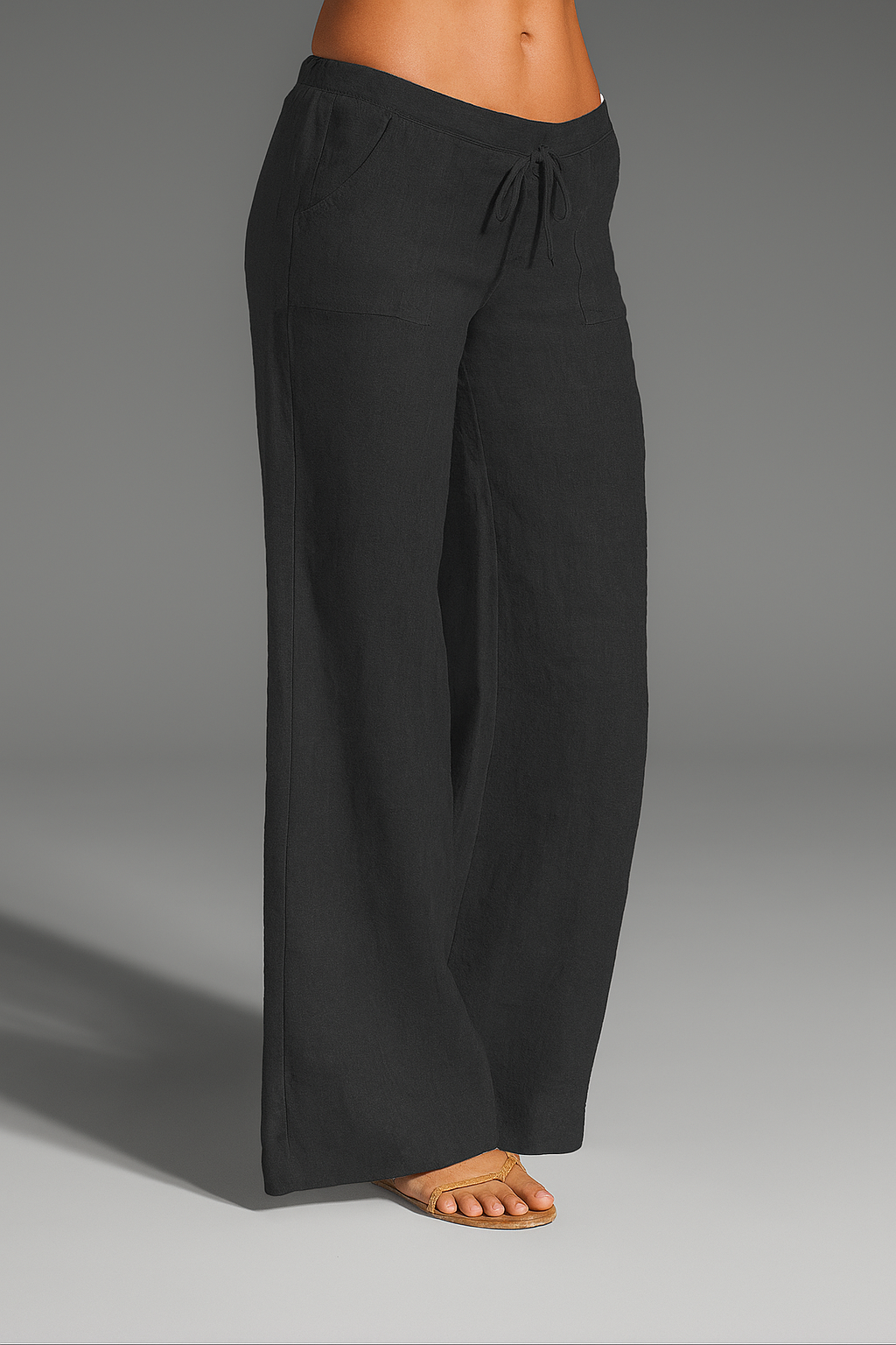 Pantalones de lino de pierna ancha y corte relajado para mujer con cintura ajustable