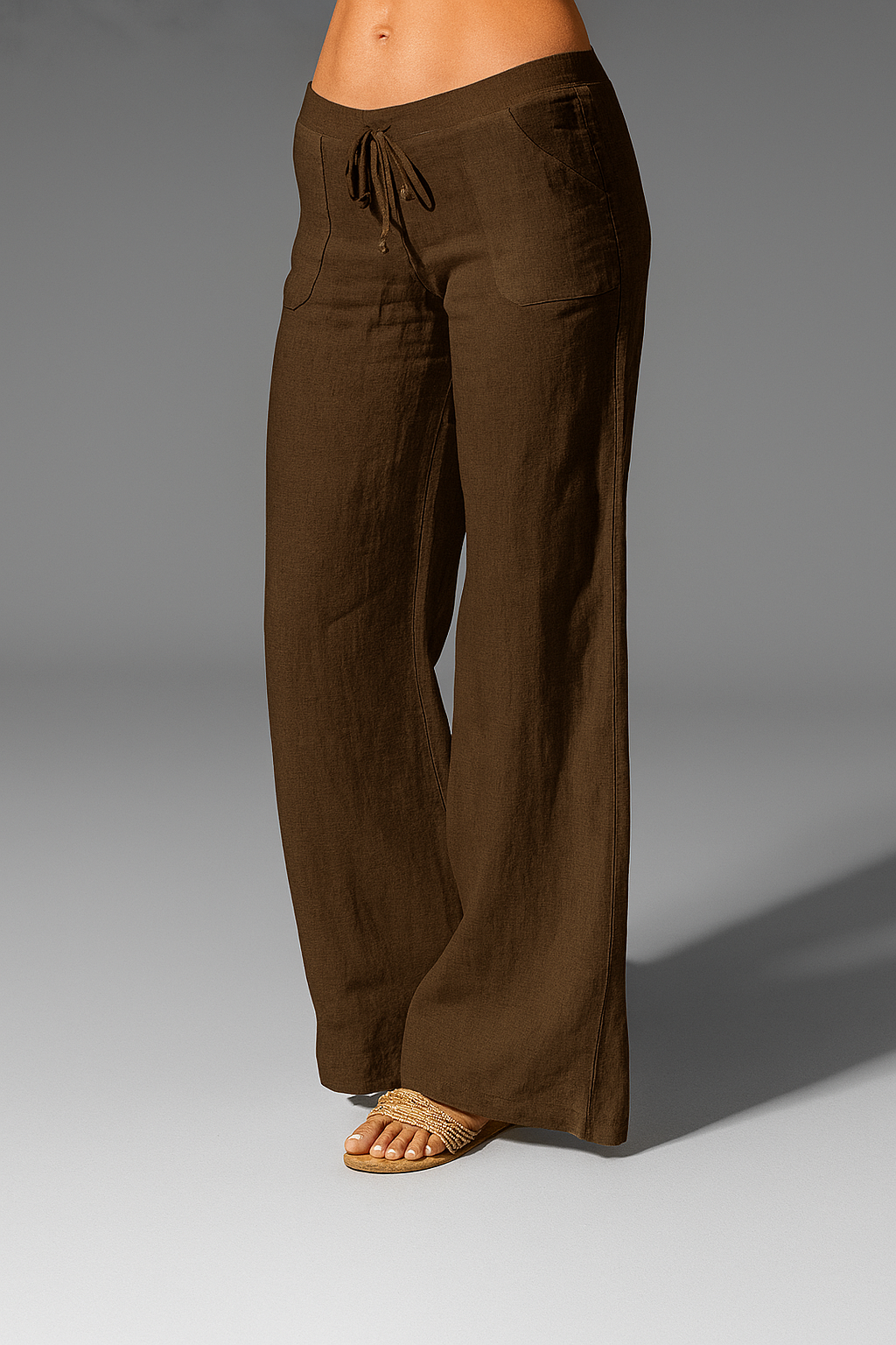 Pantalones de lino de pierna ancha y corte relajado para mujer con cintura ajustable