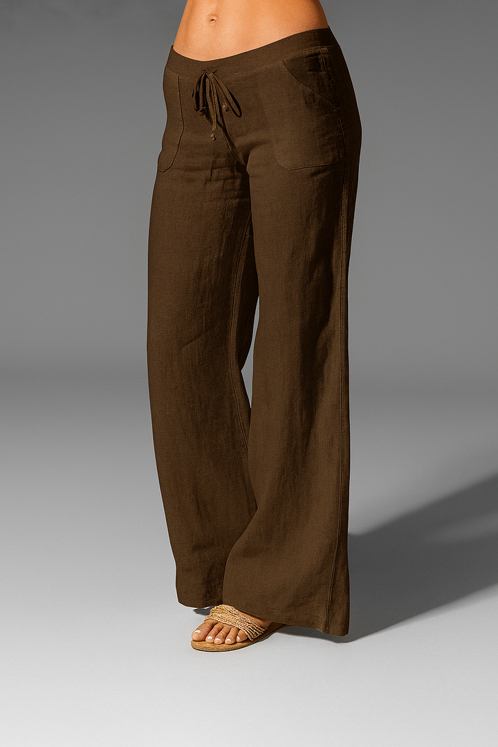 Pantalones de lino de pierna ancha y corte relajado para mujer con cintura ajustable
