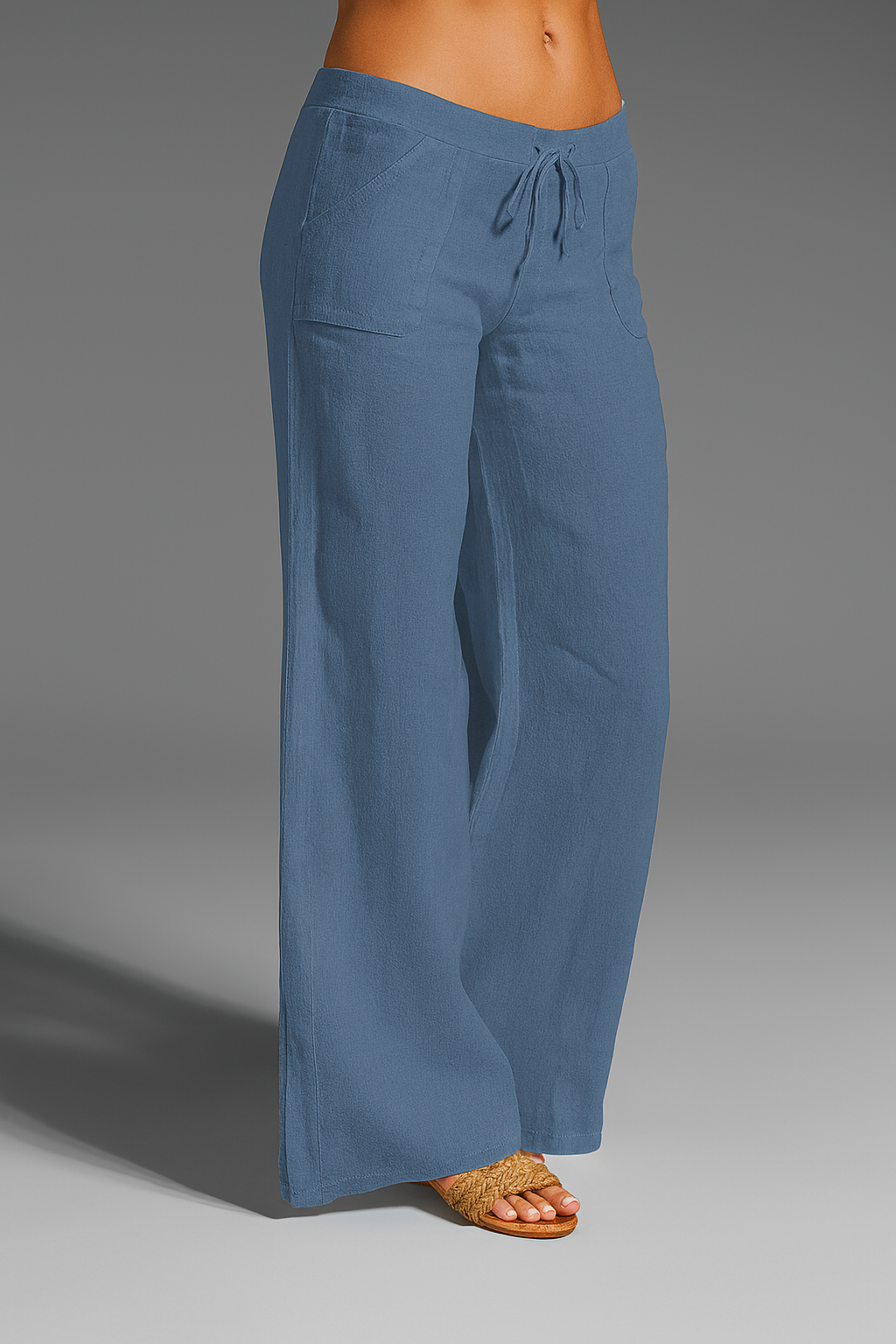 Pantalones de lino de pierna ancha y corte relajado para mujer con cintura ajustable