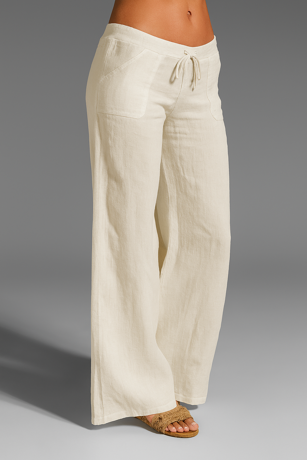 Pantalones de lino de pierna ancha y corte relajado para mujer con cintura ajustable