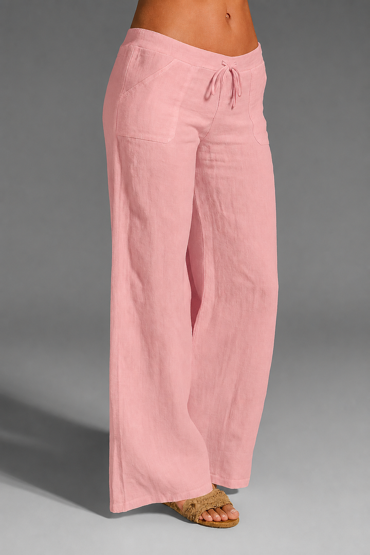 Pantalones de lino de pierna ancha y corte relajado para mujer con cintura ajustable