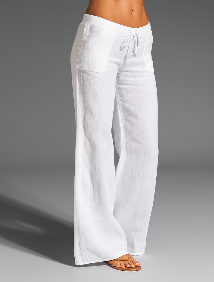 Pantalones de lino de pierna ancha y corte relajado para mujer con cintura ajustable