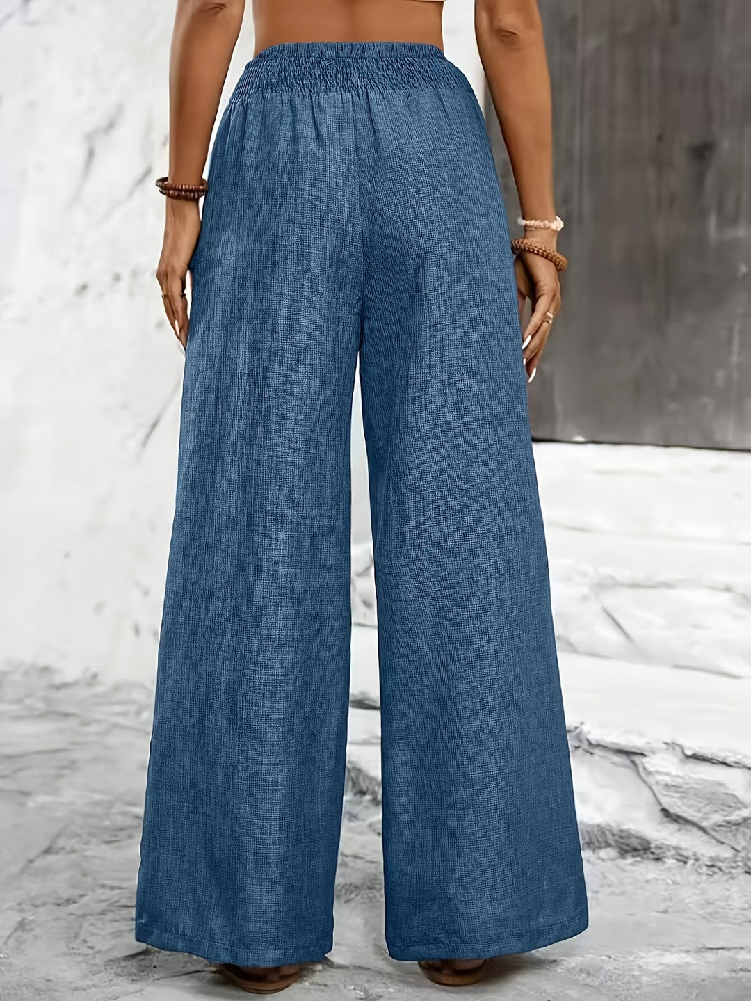 Women's Relaxed Wide Leg Linen Trousers with Elastic Waistband