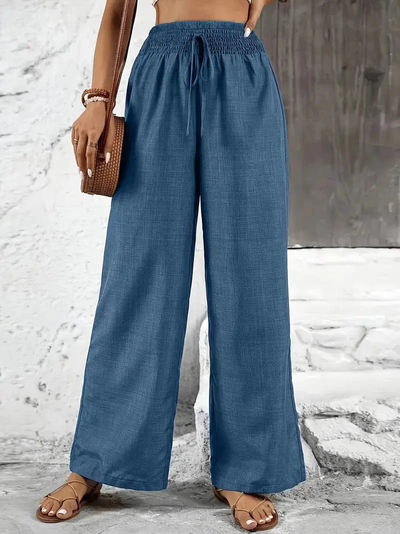 Women's Relaxed Wide Leg Linen Trousers with Elastic Waistband