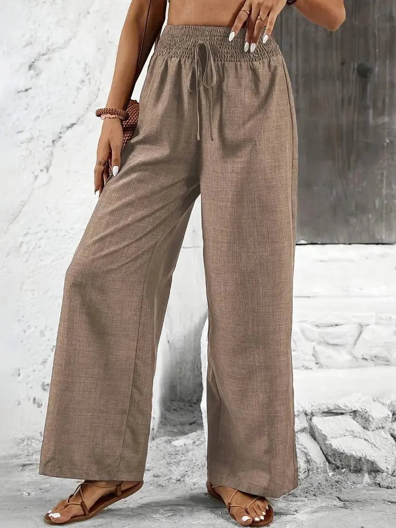 Women's Relaxed Wide Leg Linen Trousers with Elastic Waistband