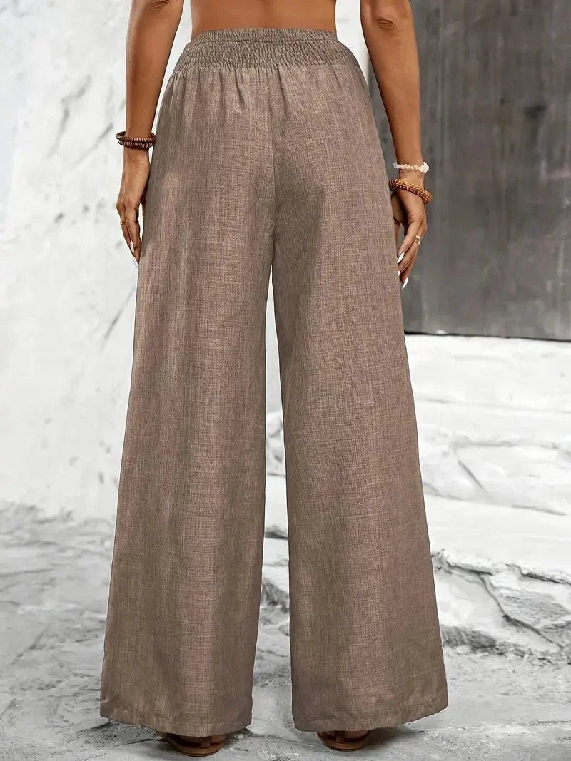 Women's Relaxed Wide Leg Linen Trousers with Elastic Waistband