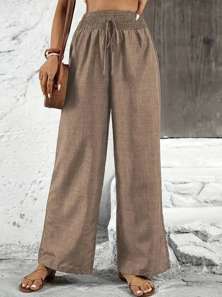 Women's Relaxed Wide Leg Linen Trousers with Elastic Waistband
