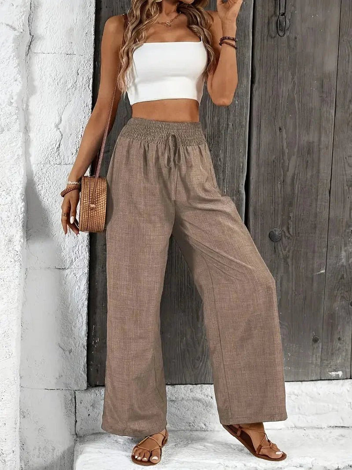 Women's Relaxed Wide Leg Linen Trousers with Elastic Waistband