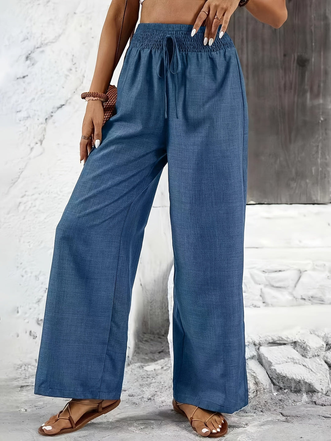 Women's Relaxed Wide Leg Linen Trousers with Elastic Waistband