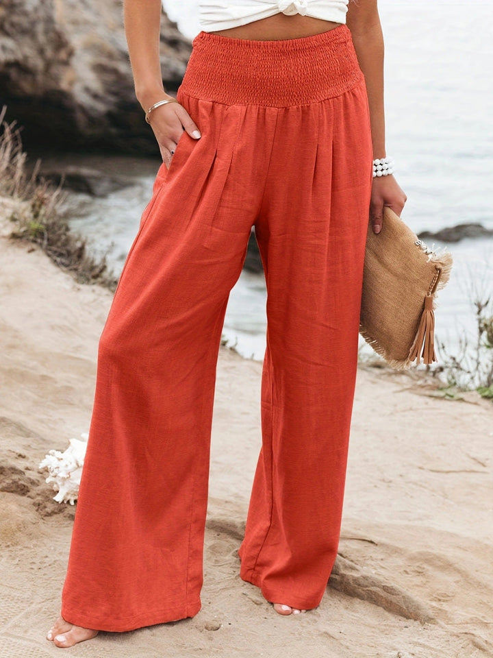 Women's Relaxed Wide Leg Linen Trousers with Elastic Waist