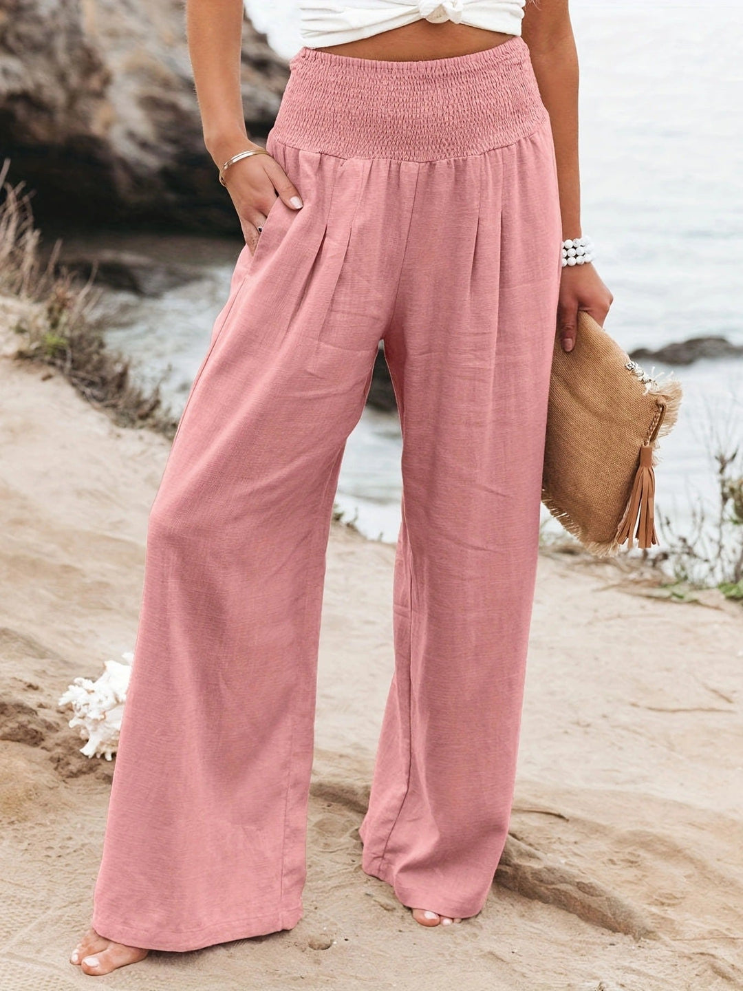 Women's Relaxed Wide Leg Linen Trousers with Elastic Waist
