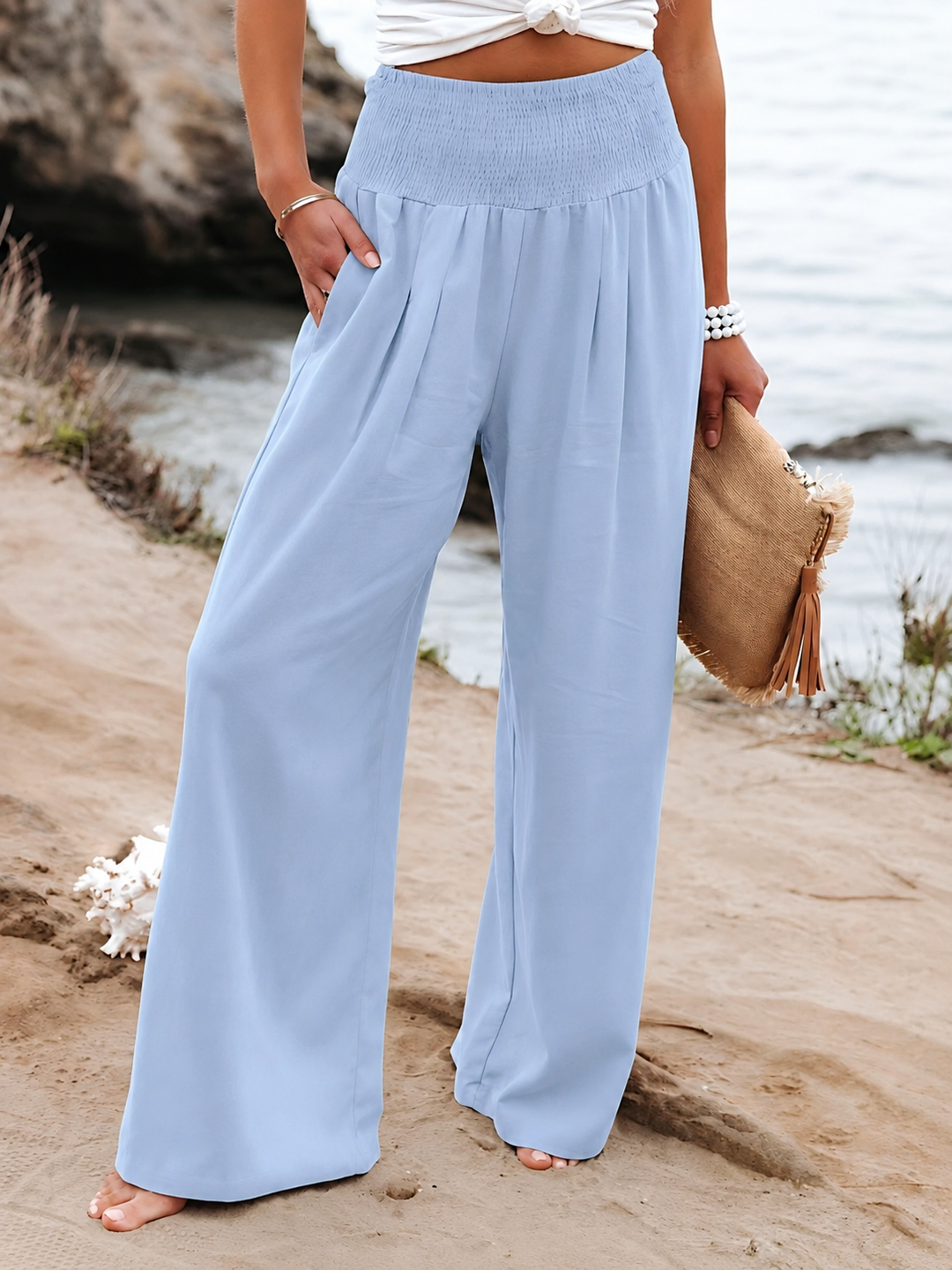 Women's Relaxed Wide Leg Linen Trousers with Elastic Waist