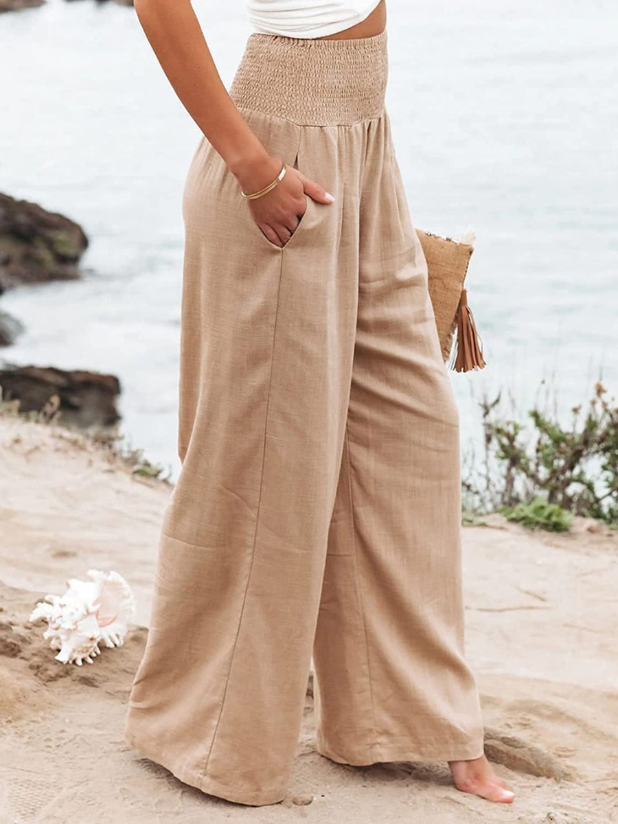 Women's Relaxed Wide Leg Linen Trousers with Elastic Waist