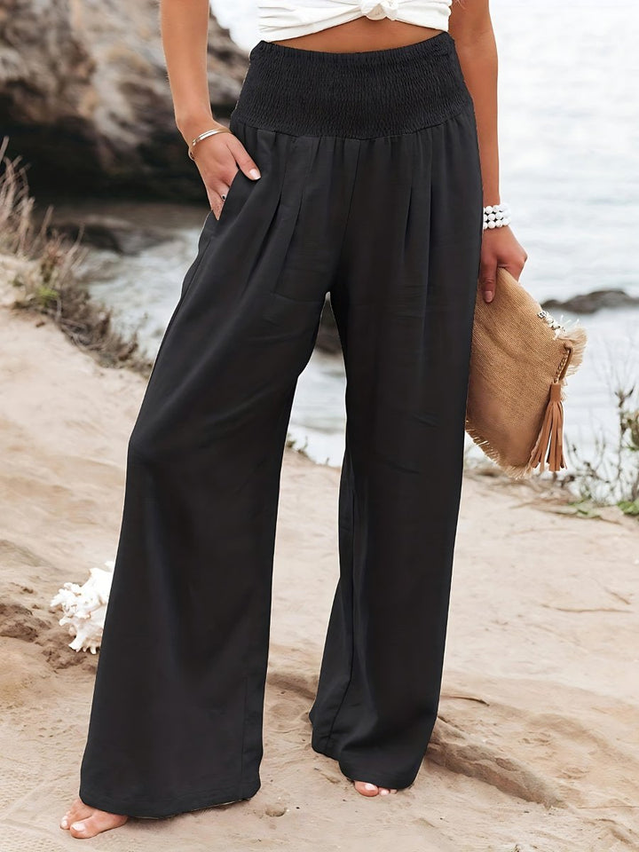Women's Relaxed Wide Leg Linen Trousers with Elastic Waist