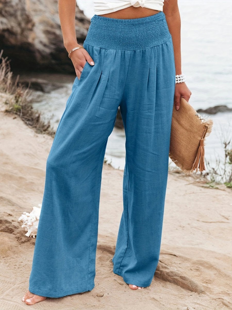 Women's Relaxed Wide Leg Linen Trousers with Elastic Waist