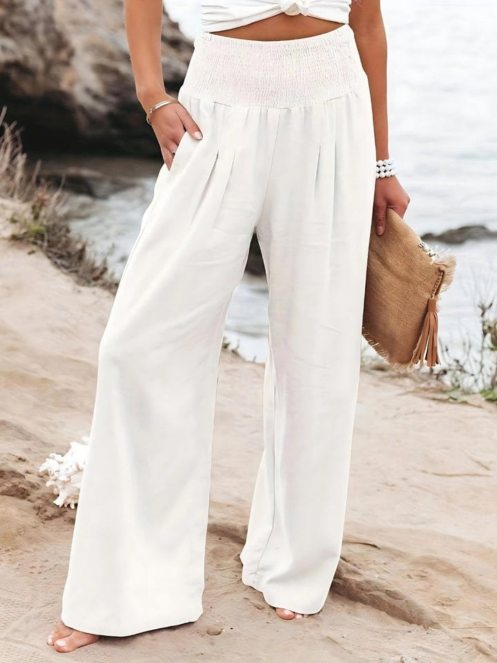 Women's Relaxed Wide Leg Linen Trousers with Elastic Waist