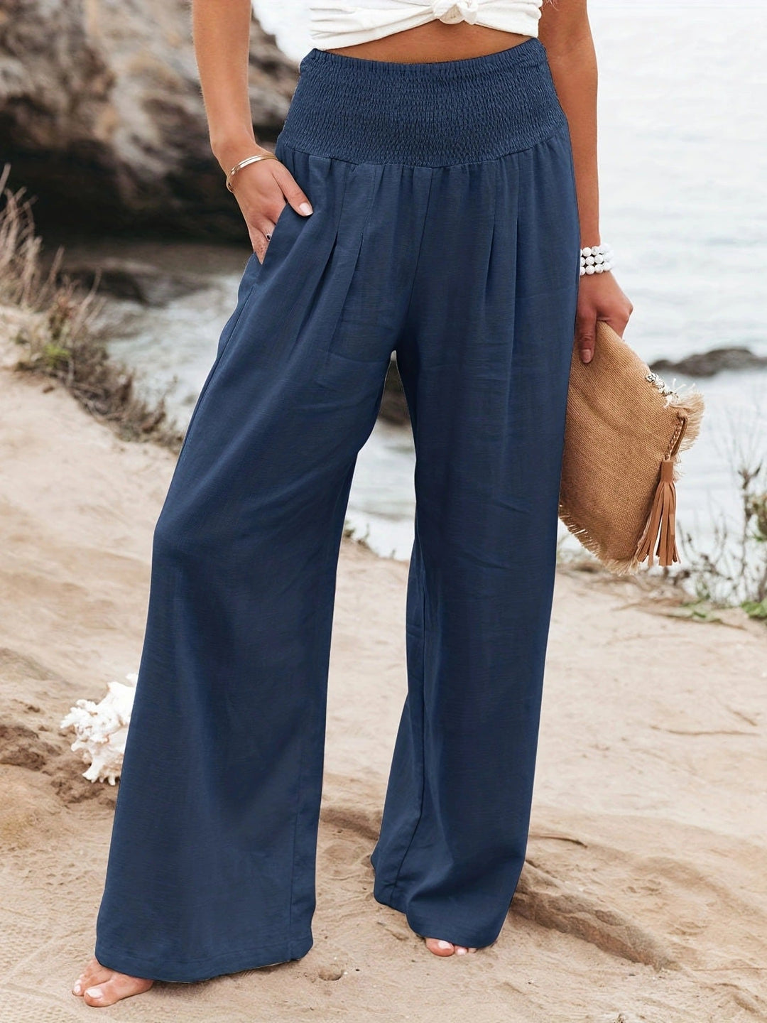 Women's Relaxed Wide Leg Linen Trousers with Elastic Waist