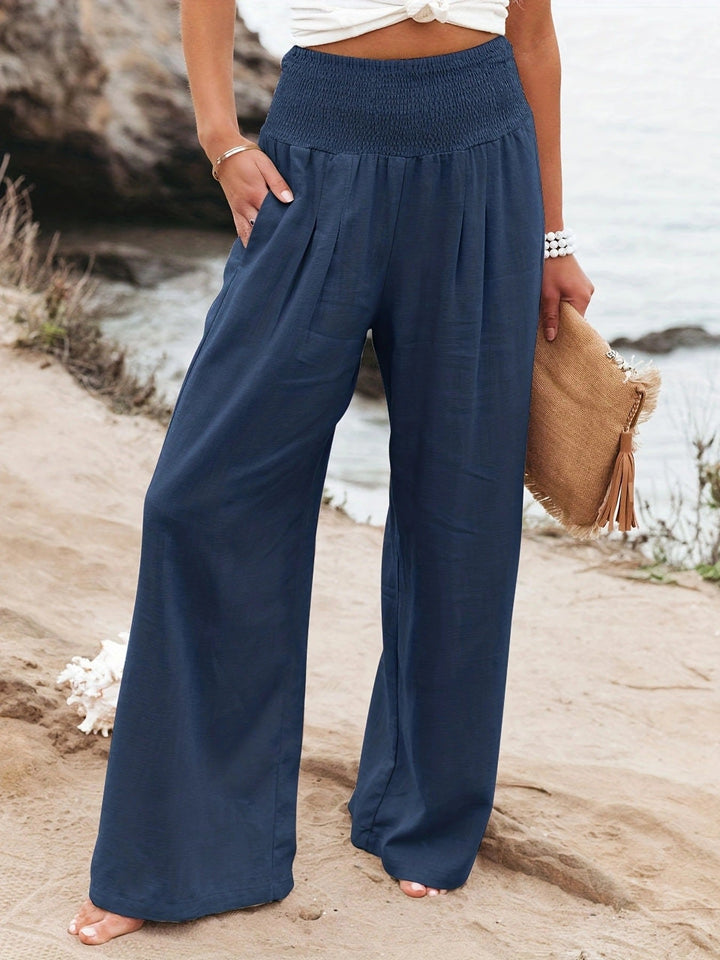 Women's Relaxed Wide Leg Linen Trousers with Elastic Waist