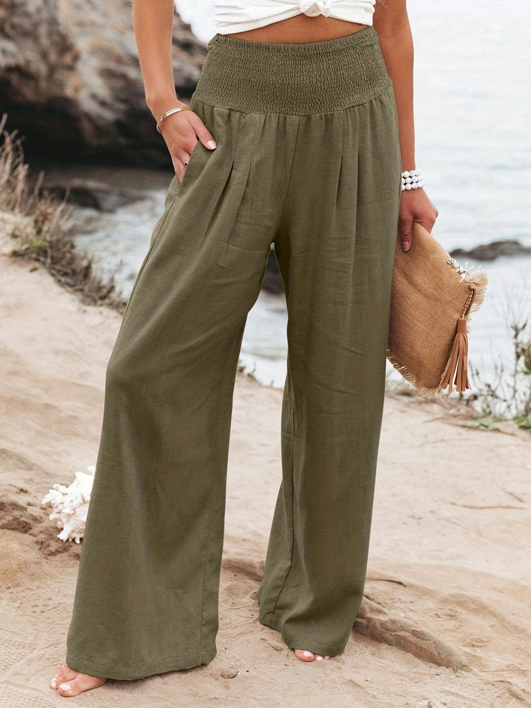 Women's Relaxed Wide Leg Linen Trousers with Elastic Waist