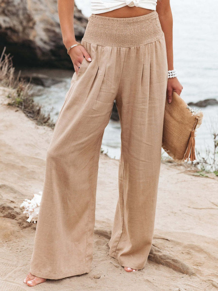 Women's Relaxed Wide Leg Linen Trousers with Elastic Waist