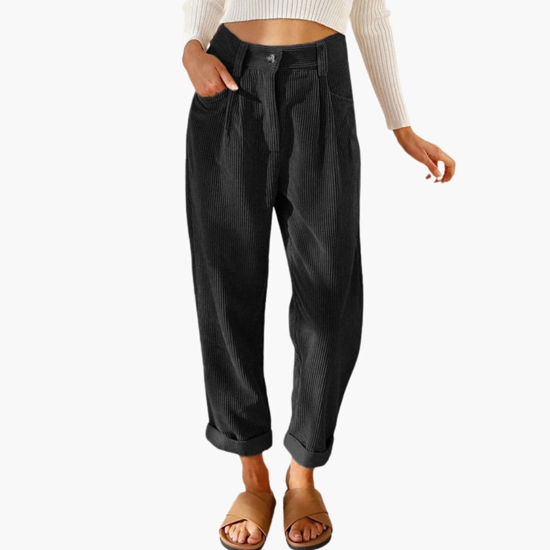 Women's Retro Tapered Leg Corduroy Trousers with Pleated Front