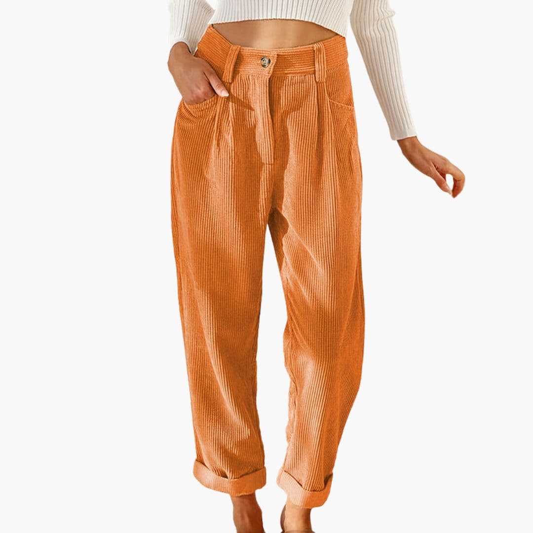 Women's Retro Tapered Leg Corduroy Trousers with Pleated Front