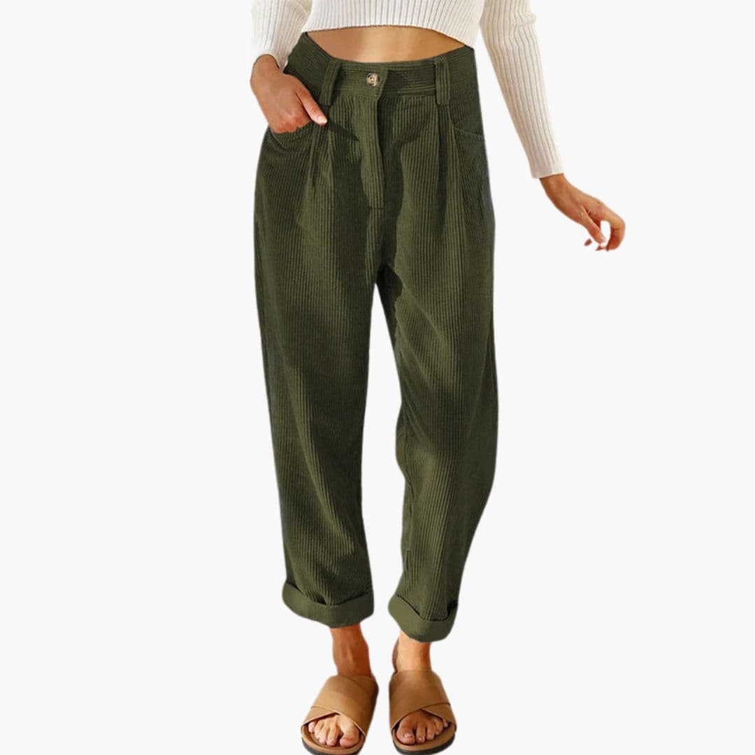 Women's Retro Tapered Leg Corduroy Trousers with Pleated Front