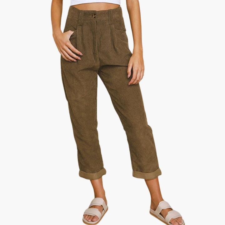 Women's Retro Tapered Leg Corduroy Trousers with Pleated Front