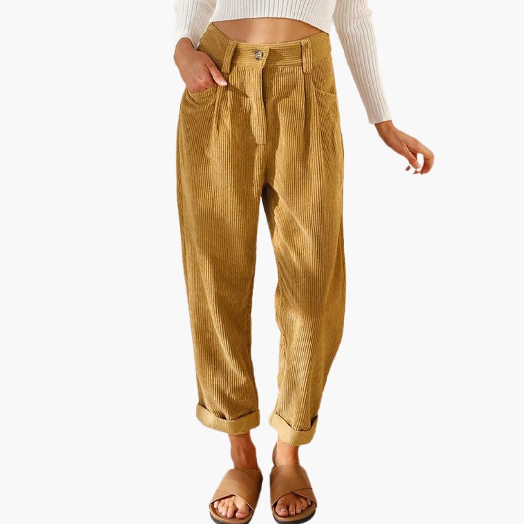 Women's Retro Tapered Leg Corduroy Trousers with Pleated Front