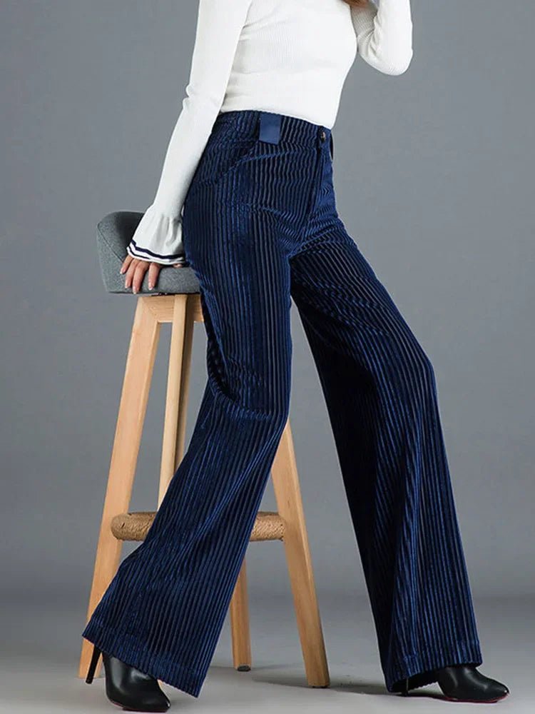 Women's Retro High Waist Wide Leg Corduroy Trousers with Buttons