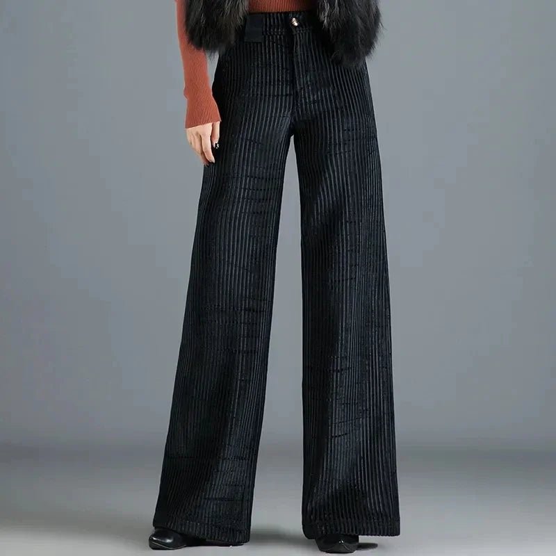 Women's Retro High Waist Wide Leg Corduroy Trousers with Buttons