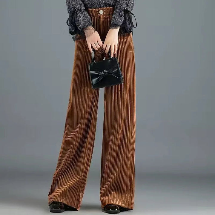 Women's Retro High Waist Wide Leg Corduroy Trousers with Buttons
