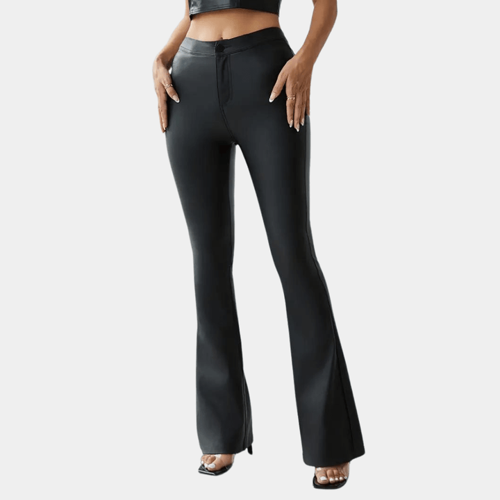Pantalones acampanados de cuero para mujer, retro, de cintura alta y corte ajustado, con cola