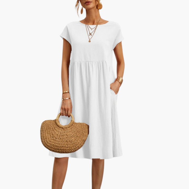 Women's Stylish Midi Dress with Short Sleeves and Side Pockets-Metro Lane Plaza
