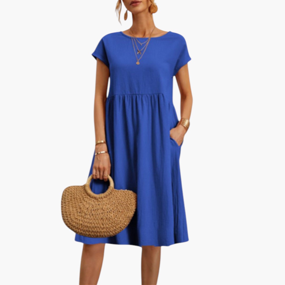Women's Stylish Midi Dress with Short Sleeves and Side Pockets-Metro Lane Plaza