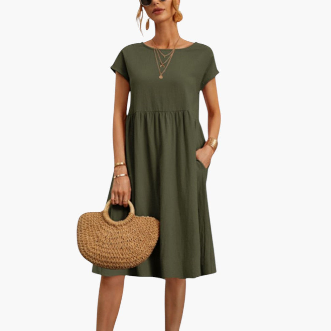 Women's Stylish Midi Dress with Short Sleeves and Side Pockets-Metro Lane Plaza
