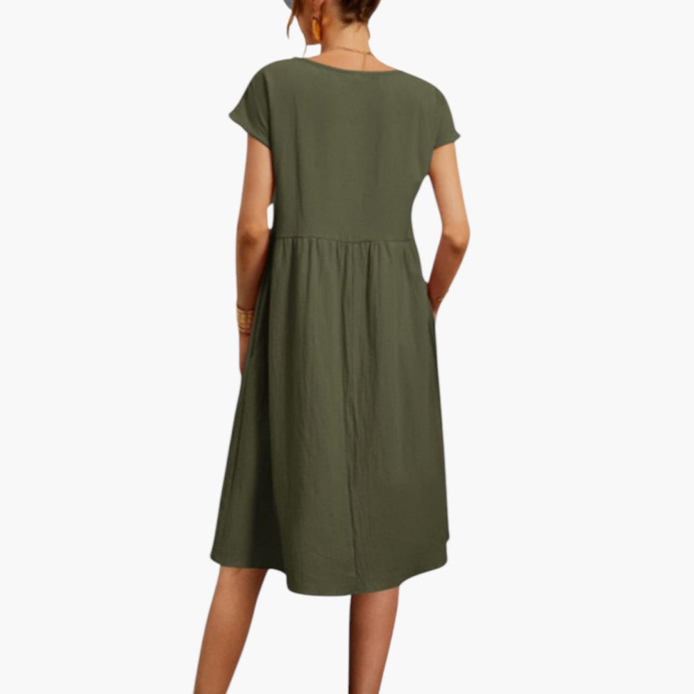 Women's Stylish Midi Dress with Short Sleeves and Side Pockets-Metro Lane Plaza