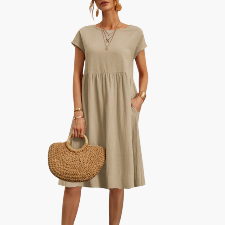 Women's Stylish Midi Dress with Short Sleeves and Side Pockets-Metro Lane Plaza