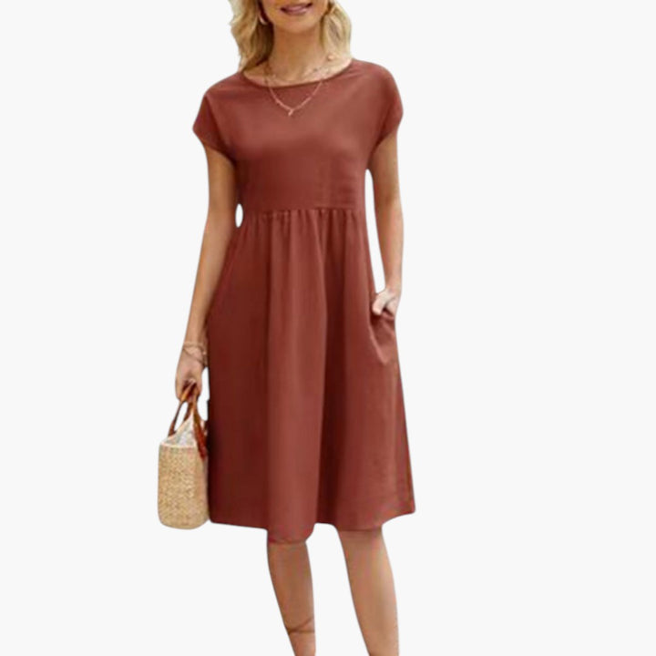 Women's Stylish Midi Dress with Short Sleeves and Side Pockets-Metro Lane Plaza