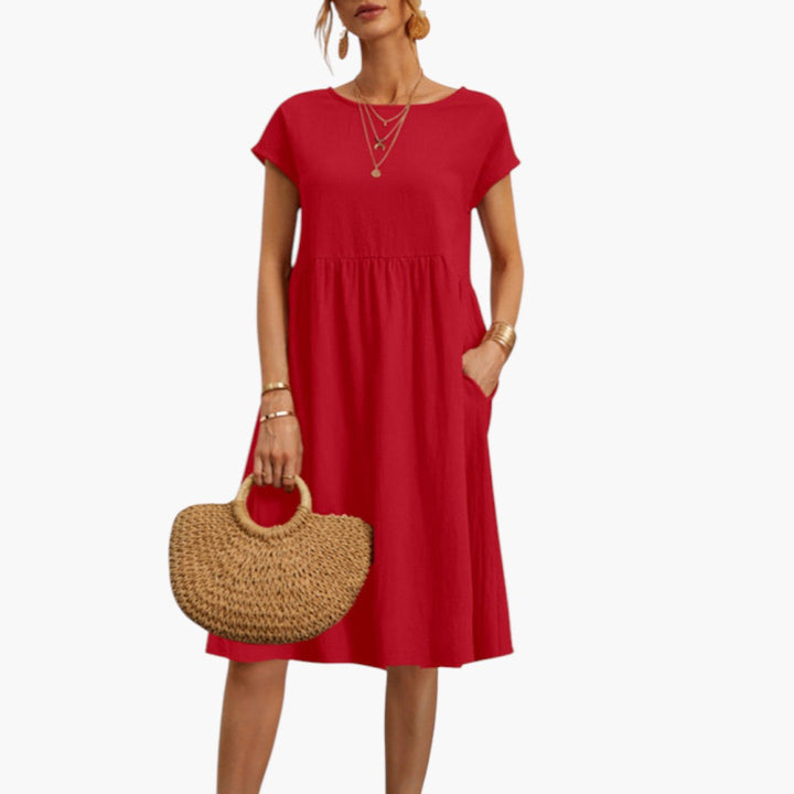 Women's Stylish Midi Dress with Short Sleeves and Side Pockets-Metro Lane Plaza