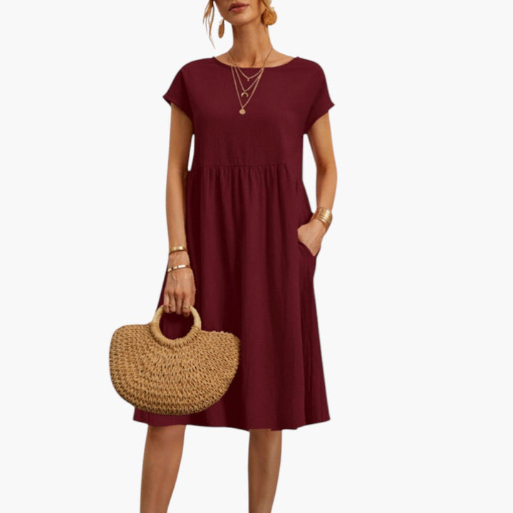 Women's Stylish Midi Dress with Short Sleeves and Side Pockets-Metro Lane Plaza
