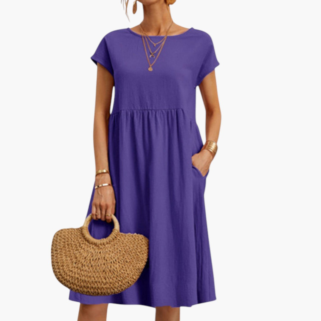 Women's Stylish Midi Dress with Short Sleeves and Side Pockets-Metro Lane Plaza