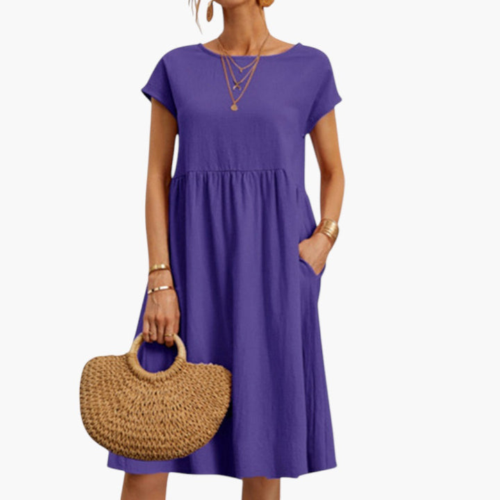 Women's Stylish Midi Dress with Short Sleeves and Side Pockets-Metro Lane Plaza