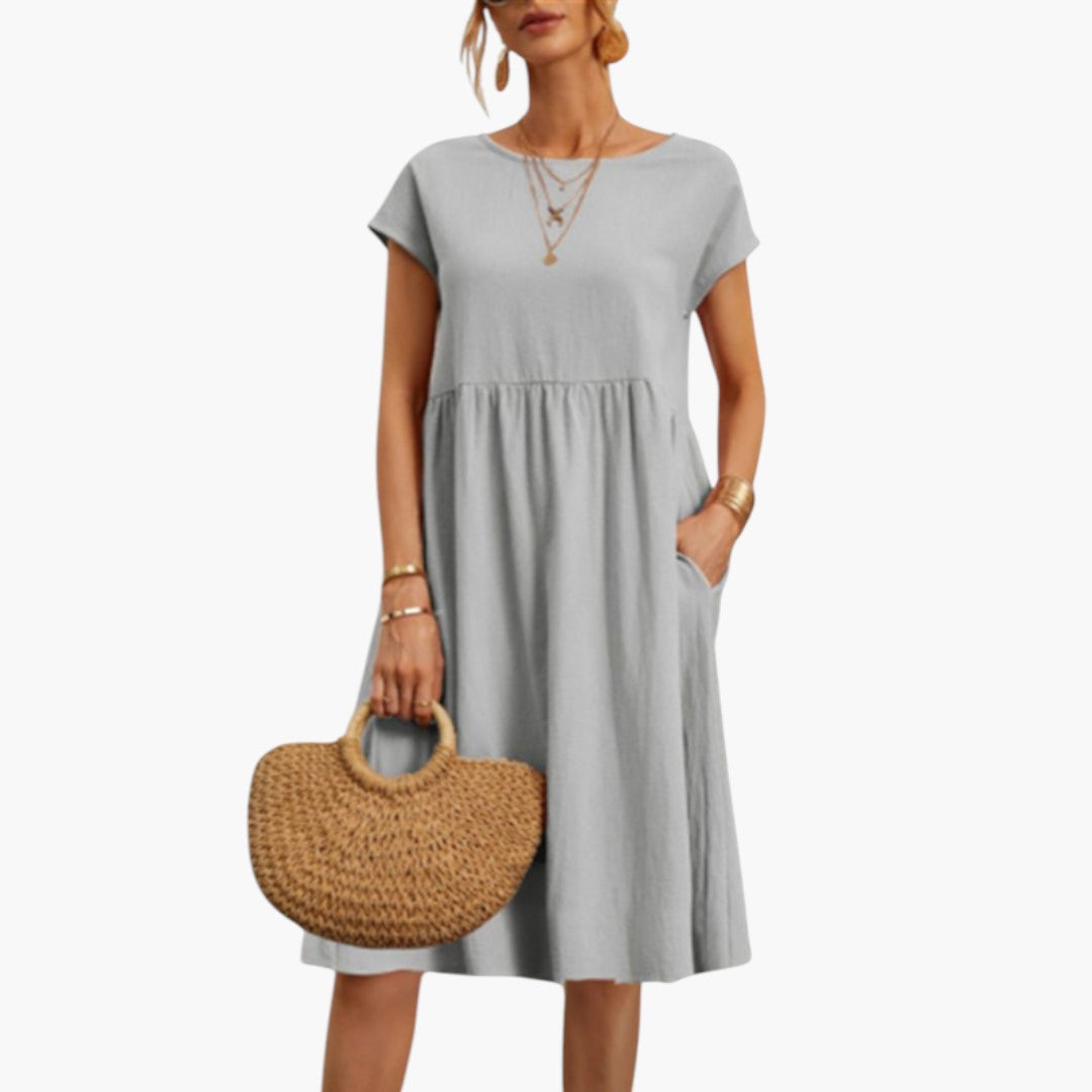 Women's Stylish Midi Dress with Short Sleeves and Side Pockets-Metro Lane Plaza