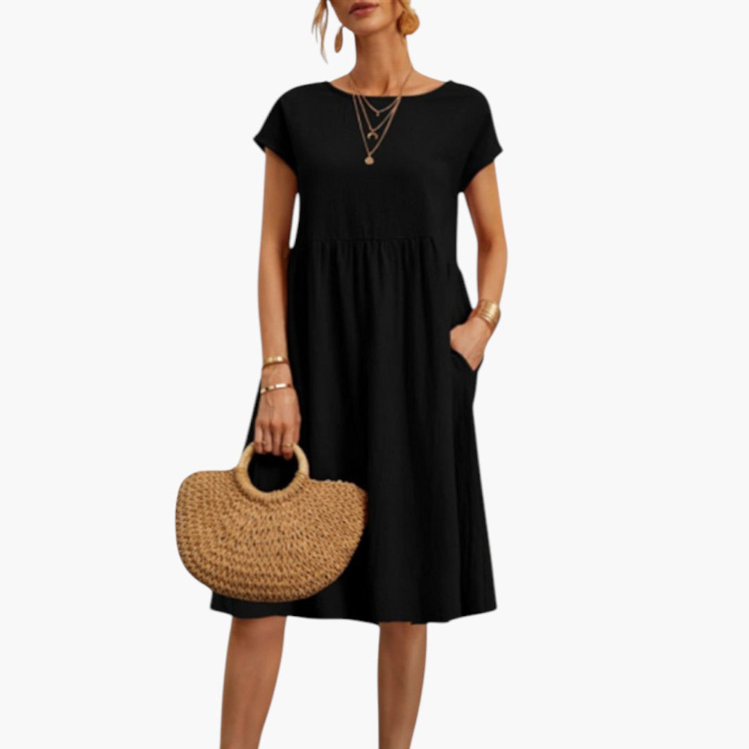 Women's Stylish Midi Dress with Short Sleeves and Side Pockets-Metro Lane Plaza