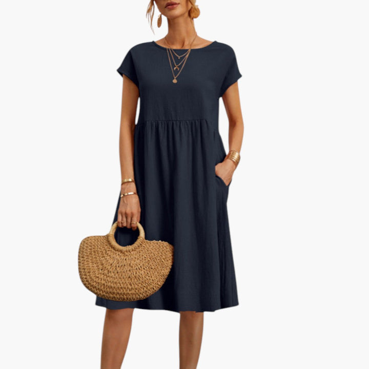 Women's Stylish Midi Dress with Short Sleeves and Side Pockets-Metro Lane Plaza