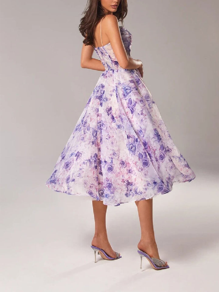 Beverly | Women's Elegant Floral A-Line Midi Dress-Metro Lane Plaza