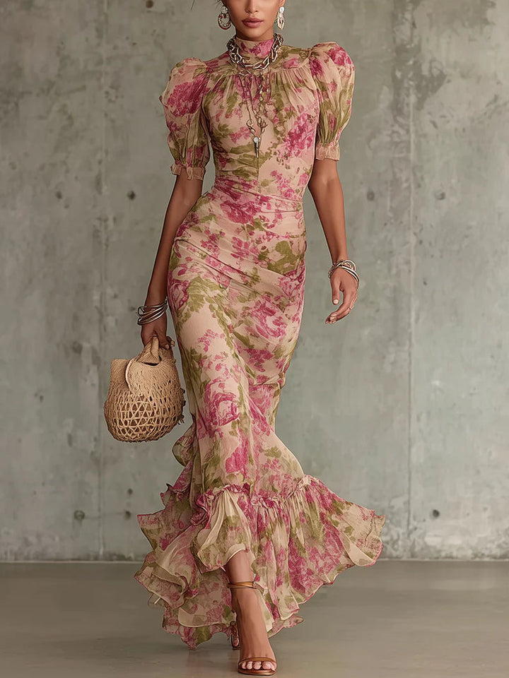 Rosalina | Women's Short Sleeve Floral Maxi Dress-Metro Lane Plaza