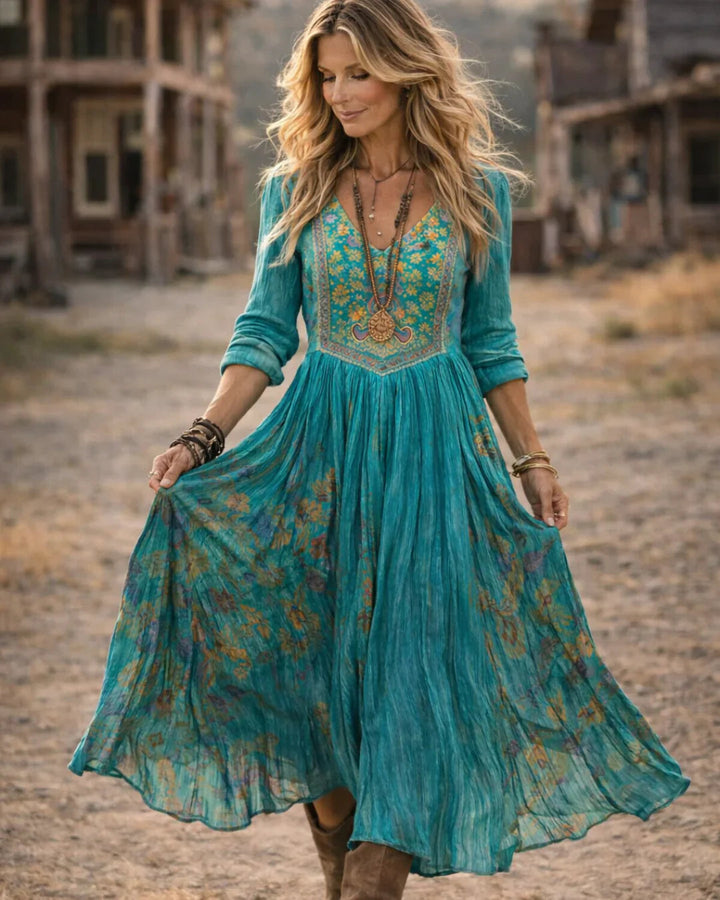 Ruby | Women's Elegant Embroidered V-Neck Bohemian Maxi Dress-Metro Lane Plaza